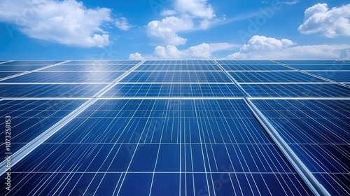 A close-up view of solar panels reflecting sunlight under a clear blue sky, illustrating renewable energy concepts.