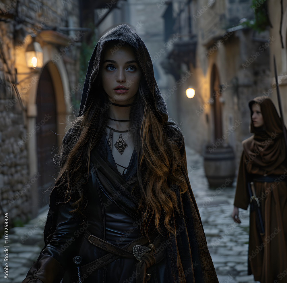 A photo of an attractive female in medieval , wearing leather armor and a cloak with the hood up, walking down a dark stone alleyway at night, Generative AI