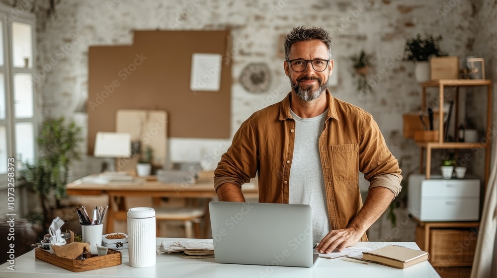 A confident man stands by his laptop at a well-organized desk in a cozy home office space, exhibiting professionalism, warmth, and productivity with a visible smile.
