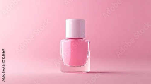 A single bottle of pink nail polish on a pink background.