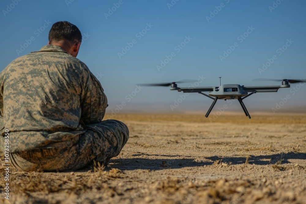 Naklejka premium Soldier launches drone. Military combat drone into flight