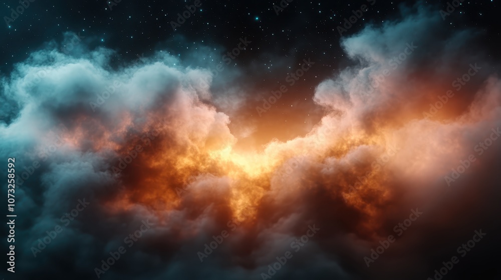 A striking image of majestic clouds illuminated by a warm, fiery glow from beneath, creating a dramatic and captivating contrast against a night sky. A striking image of majestic clouds illuminated by a warm, fiery glow from beneath, creating a dramatic and captivating contrast against a night sky.