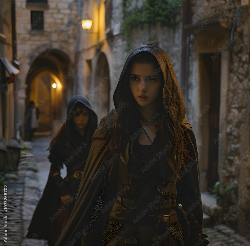 A photo of an attractive female in medieval , wearing leather armor and a cloak with the hood up, walking down a dark stone alleyway at night, Generative AI A photo of an attractive female in medieval , wearing leather armor and a cloak with the hood up, walking down a dark stone alleyway at night, Generative AI