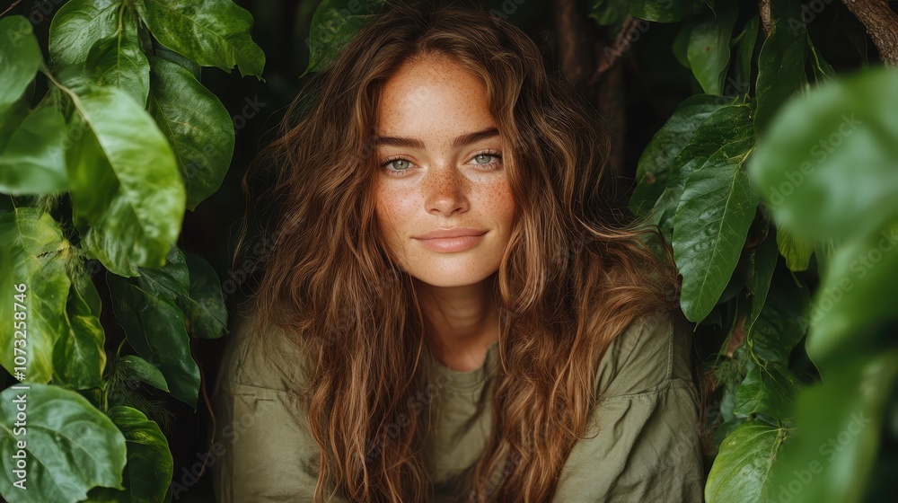 A young woman with freckles and flowing hair is surrounded by lush green leaves, exuding a sense of natural beauty and tranquility in an outdoor setting. A young woman with freckles and flowing hair is surrounded by lush green leaves, exuding a sense of natural beauty and tranquility in an outdoor setting.