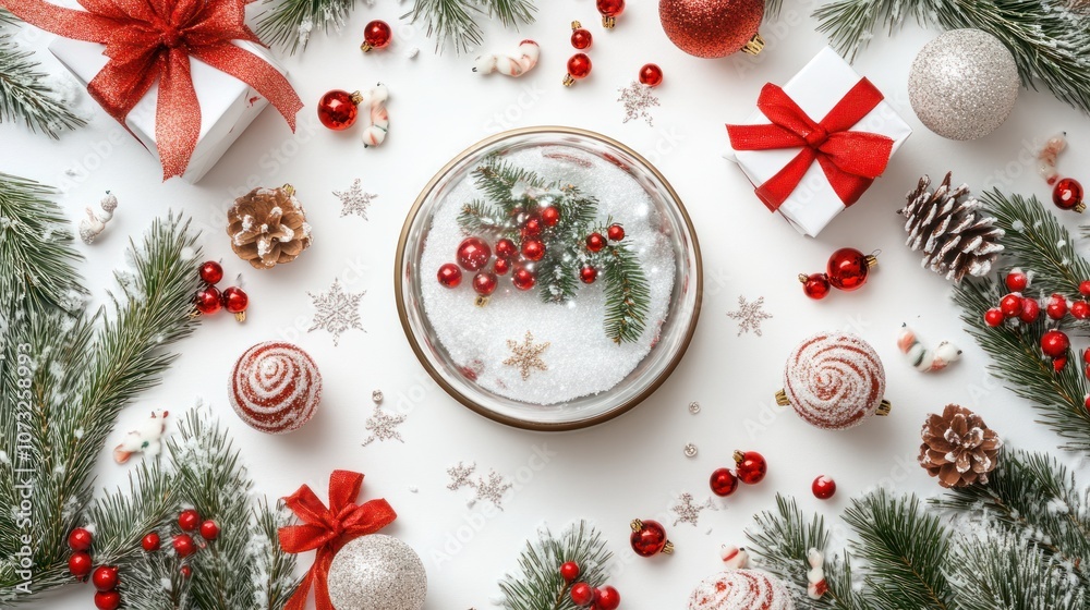 Christmas snow globe with a winter scene, surrounded by festive decorations on a white backdrop