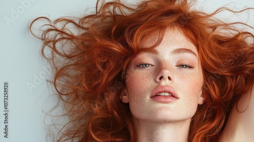 This close-up captures a woman's striking features highlighted by her voluminous curly red hair, portraying confidence and beauty in a modern aesthetic setting.