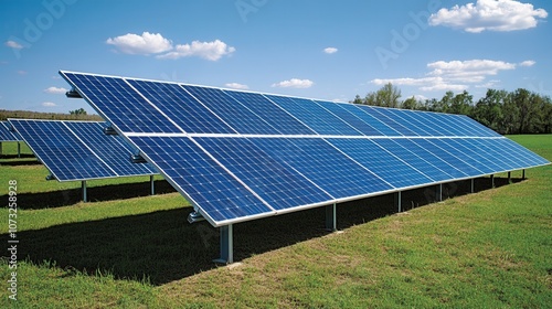 A field of solar panels reflecting sunlight, showcasing renewable energy technology and sustainable practices in a natural setting. photo