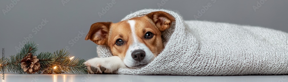 A cozy dog wrapped in a soft blanket rests beside festive decorations, embodying warmth and comfort during the holiday season. A cozy dog wrapped in a soft blanket rests beside festive decorations, embodying warmth and comfort during the holiday season.