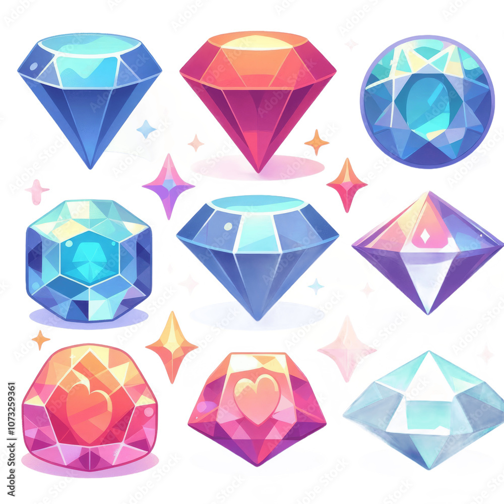 Gems of different shapes and colors isolated on transparent background Set of diamonds Vector cartoon flat illustration