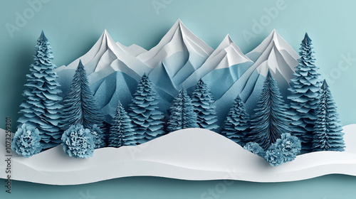 Winter landscape scenery poster paper cut style. Vector illustration. Merry Christmas scene poster, pine tree, snowy mountain, snowdrift. Happy New year 2025 papercut concept, header banner.