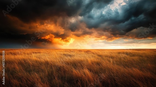 A vast golden prairie lies beneath stormy skies, illuminated by the vibrant hues of a fiery sunset, contrasting peace and chaos in this mesmerizing landscape. photo