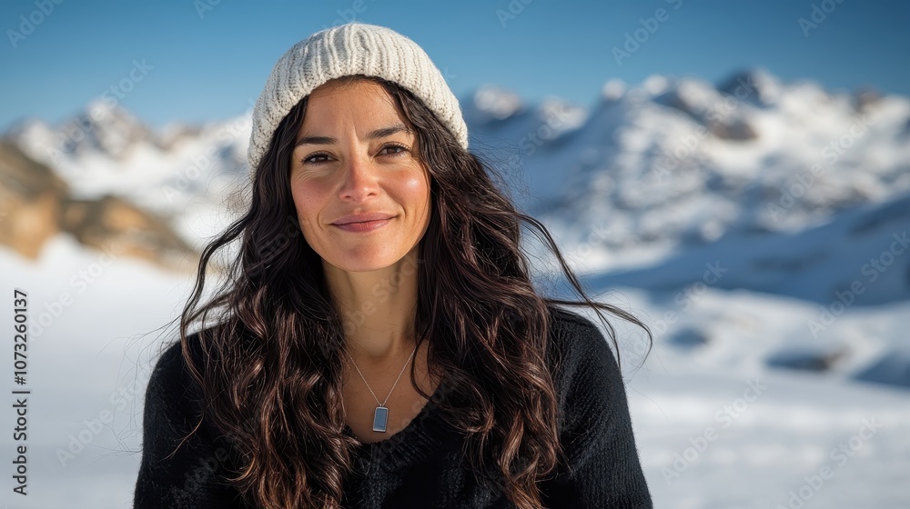 A woman with long hair and a winter hat smiles warmly in front of a majestic snowy mountain backdrop, reflecting joy and the beauty of nature in a serene outdoor setting. A woman with long hair and a winter hat smiles warmly in front of a majestic snowy mountain backdrop, reflecting joy and the beauty of nature in a serene outdoor setting.