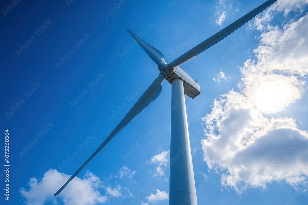 The wind turbine towers prominently against a clear blue sky filled with fluffy white clouds, harnessing wind energy in a sustainable environment The wind turbine towers prominently against a clear blue sky filled with fluffy white clouds, harnessing wind energy in a sustainable environment