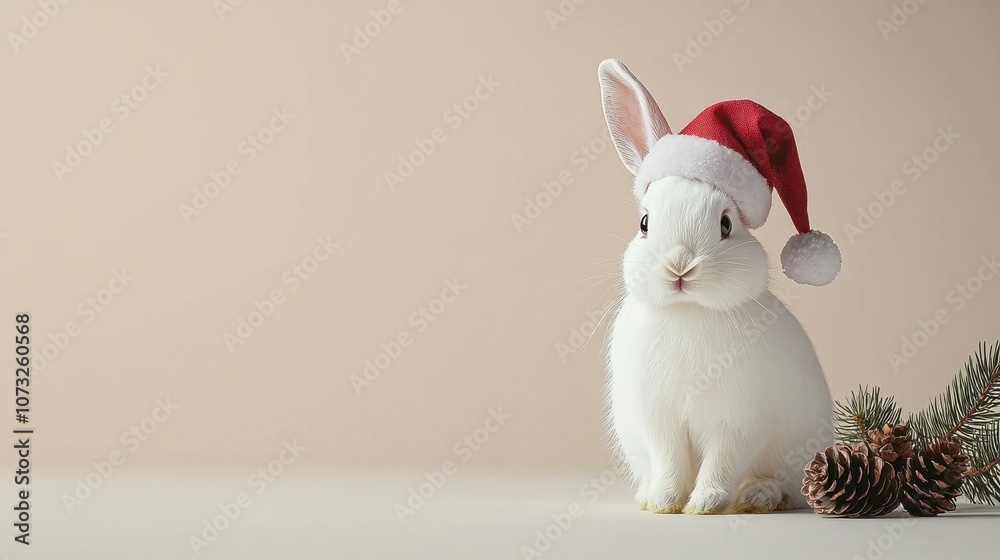 A cute white rabbit wearing a red Santa hat sits next to pinecones, embodying a whimsical Christmas theme. A cute white rabbit wearing a red Santa hat sits next to pinecones, embodying a whimsical Christmas theme.