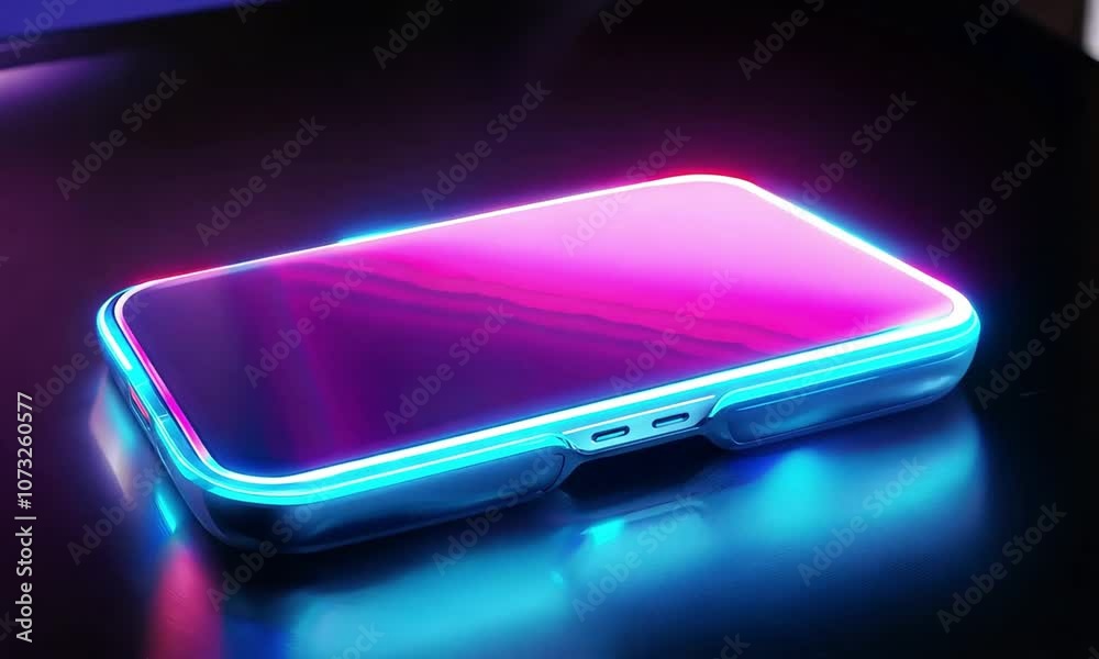 Futuristic Smartphone with Neon Lights on Dark Background - Modern Technology Concept Futuristic Smartphone with Neon Lights on Dark Background - Modern Technology Concept