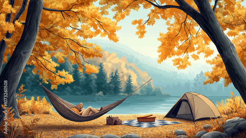 Season set of camp in forest with lake view. Vector cartoon illustration of tent platform, hammock between trees with summer green and autumn yellow foliage, winter snow and spring flowers on glade.