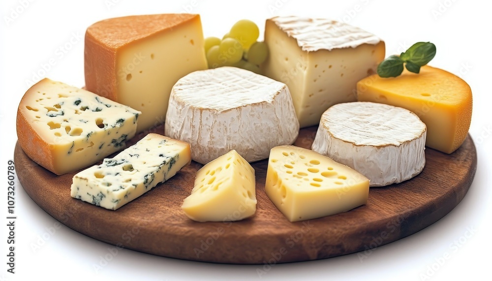 Assortment of Delicious Cheeses on Rustic Wooden Platter with Fresh Grapes, Isolated on White Assortment of Delicious Cheeses on Rustic Wooden Platter with Fresh Grapes, Isolated on White