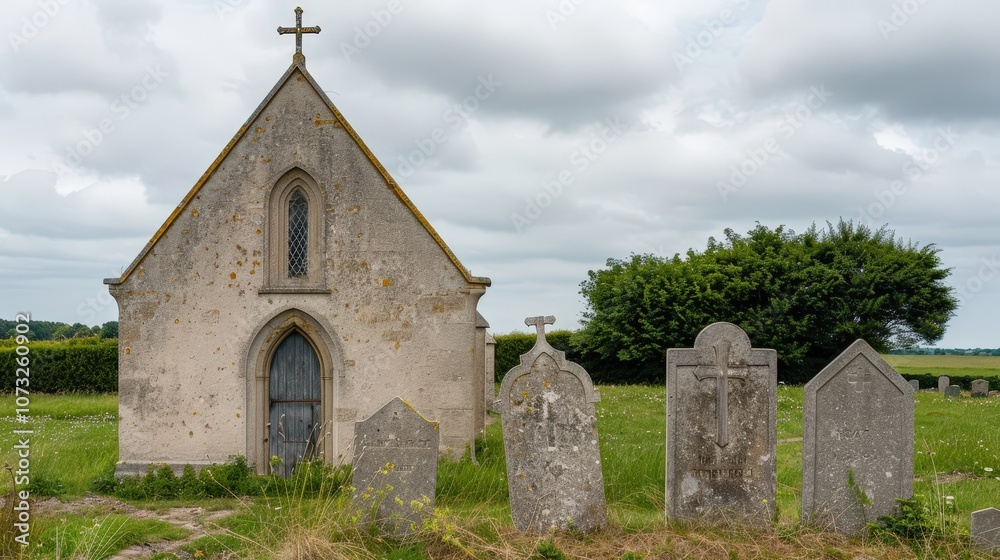 A small church with a cemetery in front of it A small church with a cemetery in front of it