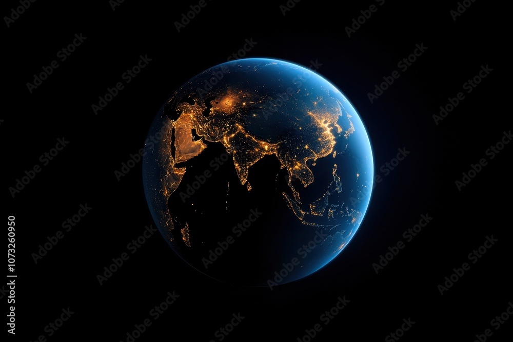The surface of the Earth is illuminated by city lights, highlighting urban areas in Asia and neighboring regions against a dark backdrop of space The surface of the Earth is illuminated by city lights, highlighting urban areas in Asia and neighboring regions against a dark backdrop of space