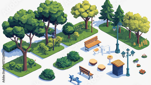 Isometric 3d illustration park trees forest nature elements flat design background for landscape design. Vector isolated for a city map, games, and your town.