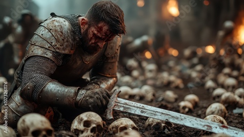 A fierce armored warrior is shown kneeling on a battlefield strewn with skulls, battle-worn and bloodied, amidst flames and chaos, facing existential struggle. photo