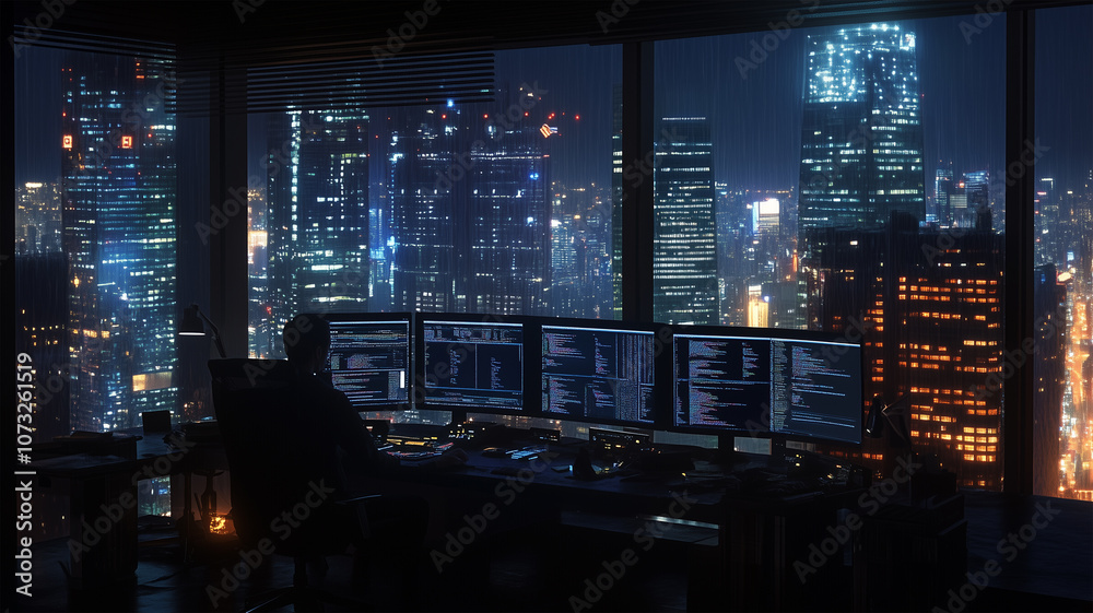 夜のオフィスでコーディングする開発者と都市の夜景