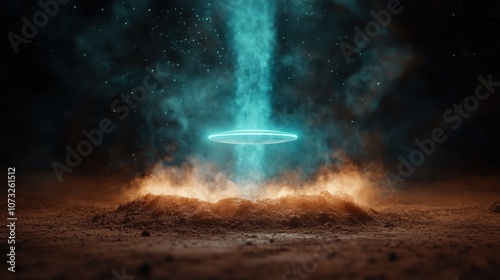 A captivating image depicting a mystical glowing ring on the ground surrounded by cosmic dust and ethereal light, hinting at science fiction and unexplained phenomena. photo