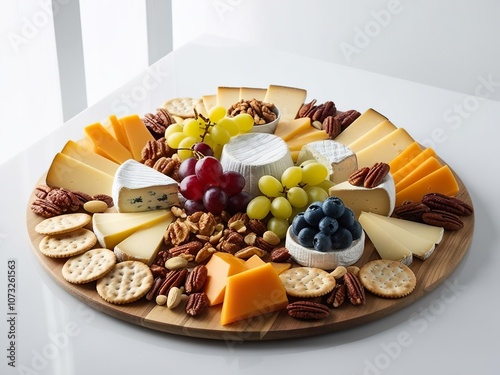 Round cheese plate with gourmet cheeses, fruits, nuts and crackers