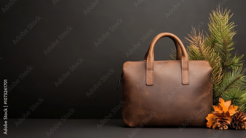 A stylish brown leather bag is artfully placed alongside pine branches and a flower, creating a classy presentation perfect for advertising fashion accessories.