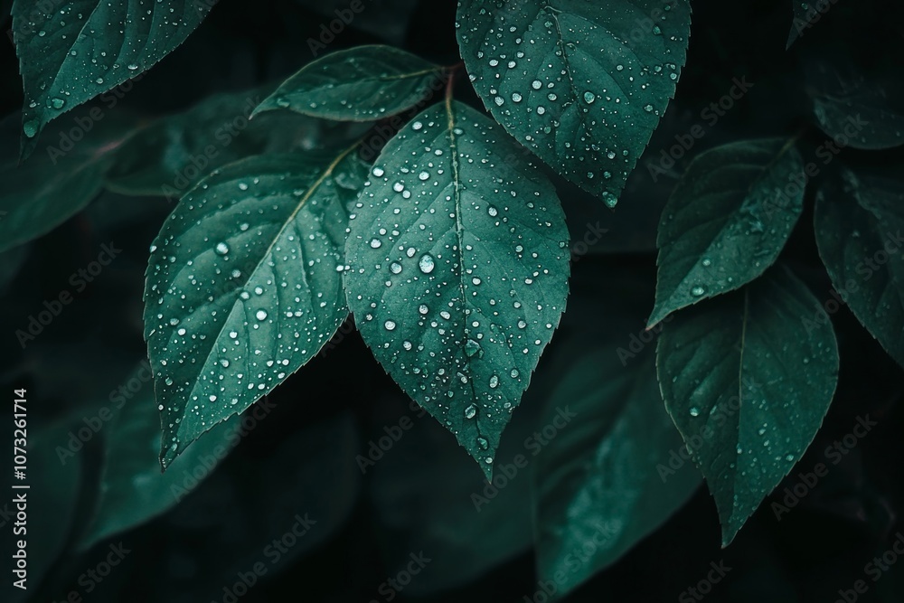 Fototapeta premium Close-up of a green leaf with water droplets.
