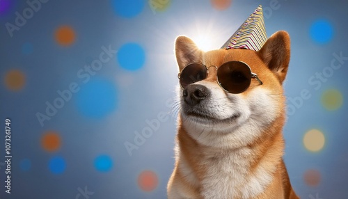 In a celebration party hat and sunglasses, a cute shibu inu dog poses photo