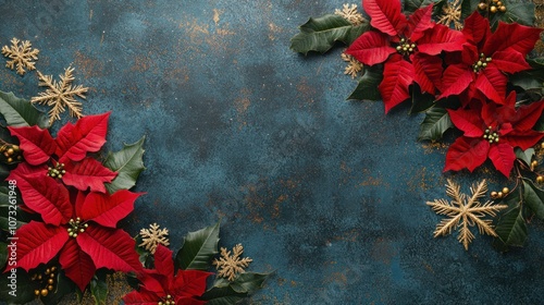 Festive decor with red poinsettias, gold accents, and snowflakes on a smooth background photo