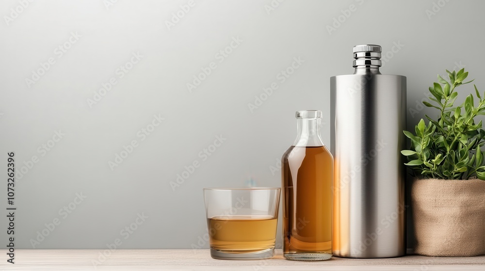 A glass bottle with brown liquid stands next to a metal flask on a wooden surface. A green plant adds a touch of nature, creating a clean, modern look. A glass bottle with brown liquid stands next to a metal flask on a wooden surface. A green plant adds a touch of nature, creating a clean, modern look.