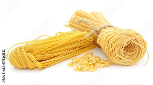 Italian Raw Pasta Ingredients on White Background - a delicious and inviting visual. The Italian raw pasta ingredients on the white background create a simple yet appetizing look. It gives the impress photo