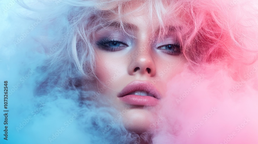 A close-up portrait of a woman surrounded by a pink and blue mist, creating an otherworldly and dreamy atmosphere representing beauty and mystery. A close-up portrait of a woman surrounded by a pink and blue mist, creating an otherworldly and dreamy atmosphere representing beauty and mystery.