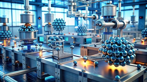 An image of a nano-factory with machines assembling molecular parts on an atomic scale, producing advanced materials photo