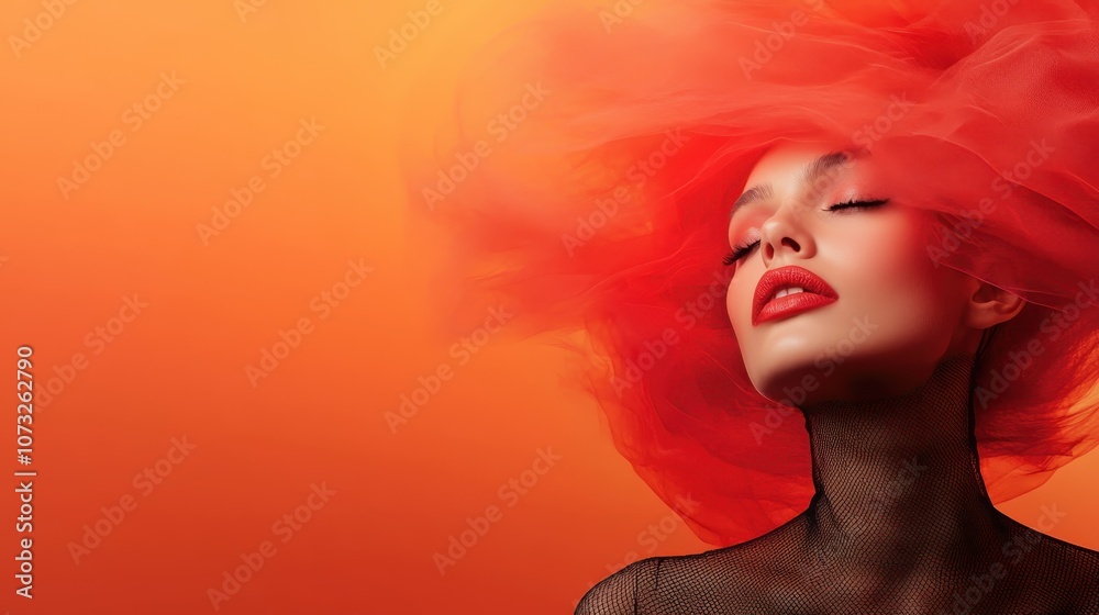 A woman in vibrant red sheer fabric exudes elegance and mystery against a striking orange backdrop, creating a surreal and captivating visual impression. A woman in vibrant red sheer fabric exudes elegance and mystery against a striking orange backdrop, creating a surreal and captivating visual impression.