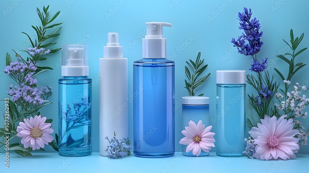 Fresh Blue Bottles with Flowers on Soft Blue Background Fresh Blue Bottles with Flowers on Soft Blue Background