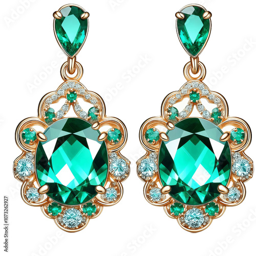 Pair of emerald earrings isolated on transparent background