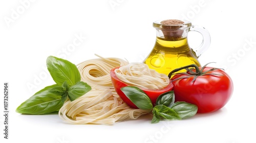 Italian Raw Pasta Ingredients on White Background - a delicious and inviting visual. The Italian raw pasta ingredients on the white background create a simple yet appetizing look. It gives the impress photo