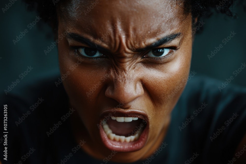 A woman with curly hair shows extreme anger with her facial expression and posture, likely responding to a recent provocation in an indoor setting A woman with curly hair shows extreme anger with her facial expression and posture, likely responding to a recent provocation in an indoor setting