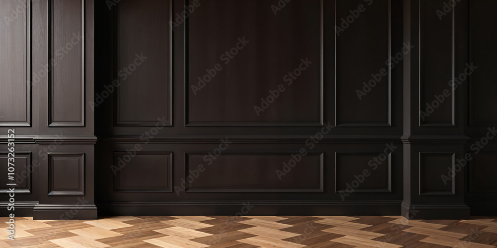 Empty minimalistic dark blank room for design. Empty template for interior product. Empty interior with black walls and wooden floor. Empty minimalistic dark blank room for design. Empty template for interior product. Empty interior with black walls and wooden floor.