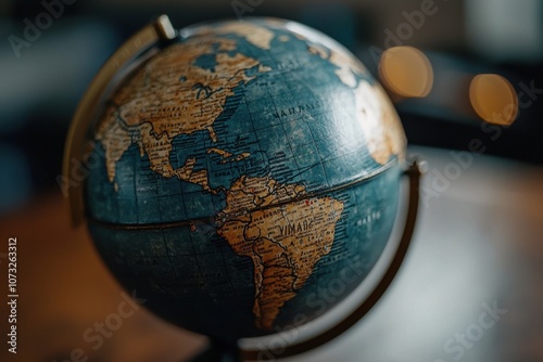 An antique globe displays the Americas with detailed cartography. The globe rests on a wooden table, illuminated by soft background lighting, creating a warm atmosphere