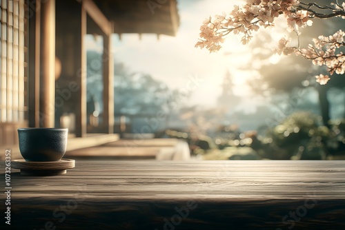 Serene Natural Wood Table with Matte Finish Set Against a Tranquil Landscape and Blooming Cherry Blossoms in a Peaceful Outdoor Setting