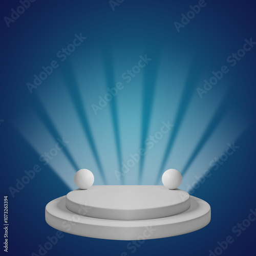 two white podiums with two spheres on a blue background and spotlights photo