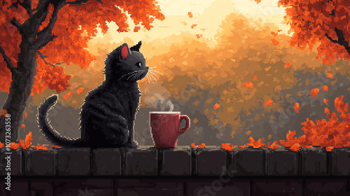 Pixel art Halloween black cat with pumpkin theme. Portrait cute kitty sit on wall with pumpkin on wicker chair. Fall mood, autumn vibes. Vector illustration for thanksgiving day.