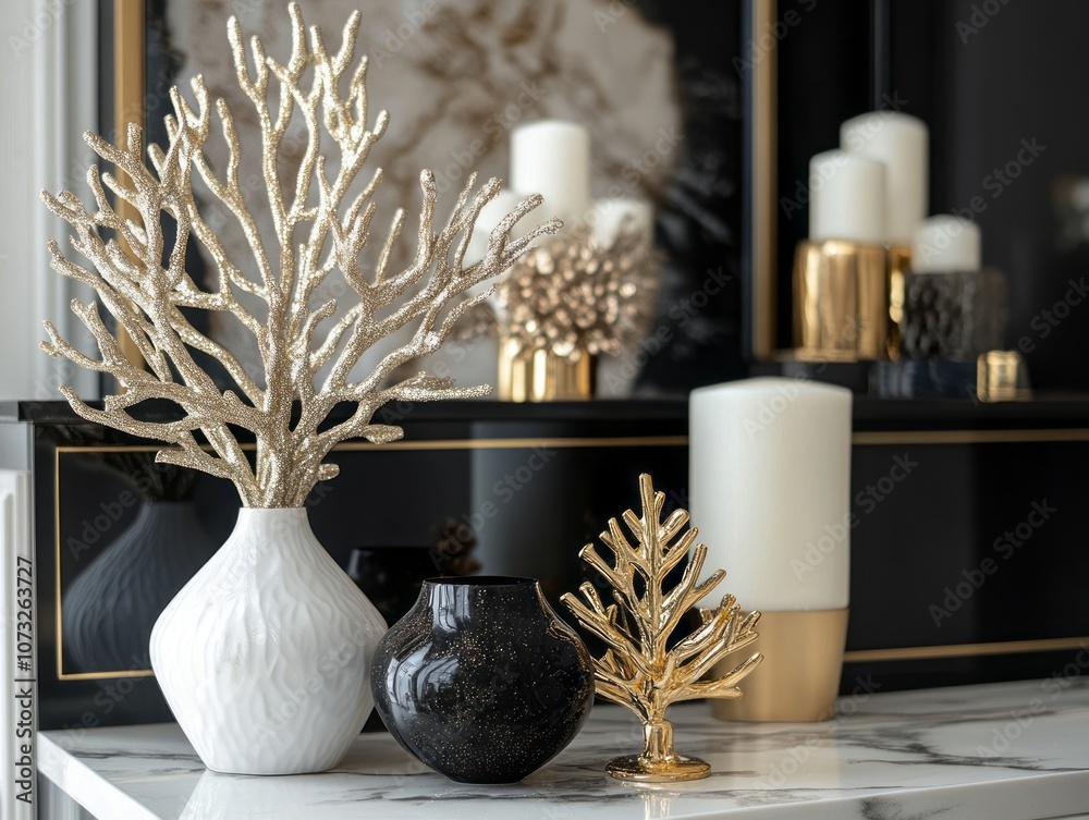 Gold and Black Decorative Ornaments on a Marble Tabletop Gold and Black Decorative Ornaments on a Marble Tabletop