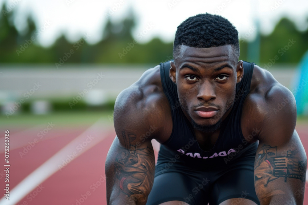 A focused athlete crouches at the start line, muscles tense and ready to launch into a sprint on an outdoor track under a clear sky A focused athlete crouches at the start line, muscles tense and ready to launch into a sprint on an outdoor track under a clear sky