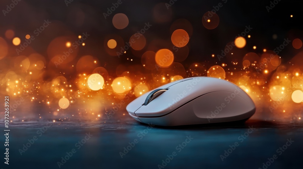 A sleek white computer mouse is highlighted against a backdrop of beautiful glowing golden bokeh lights, symbolizing modern technology and elegance. A sleek white computer mouse is highlighted against a backdrop of beautiful glowing golden bokeh lights, symbolizing modern technology and elegance.