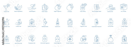 Vector Icons for Alcohol-Free, Natural Ingredients, Hypoallergenic, Water-Based, Vegan Fragrance, Oil-Based, Long-Lasting, Dermatologically Tested, Sensitive Skin, Eco-Friendly, Paraben-Free 